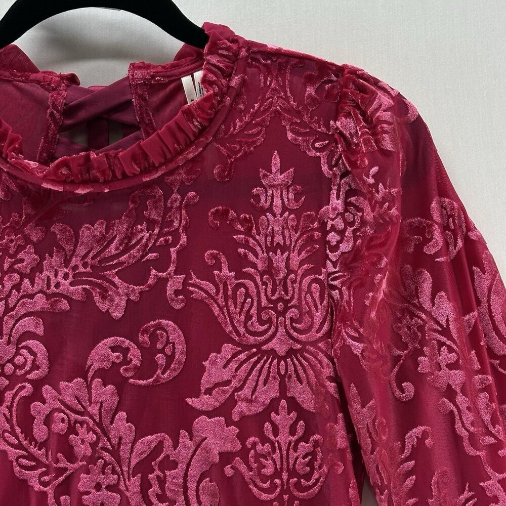 By Anthropologie Velvet Burnout Top S Lace Up Back Ruffle Mock Neck Damask Pink - Picture 15 of 16